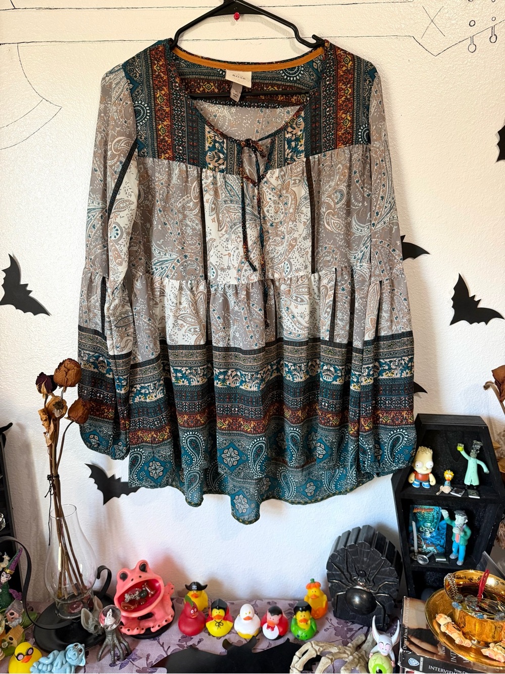 Knox Rose Teal and Cream Paisley print boho Tunic blouse - Picture 9 of 17